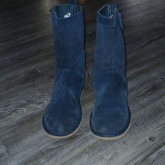 UGG Blue Floral Pattern Perforated Suede Side Zip Boots Sz 6  S/N 1004545 EUC - Picture 2 of 8